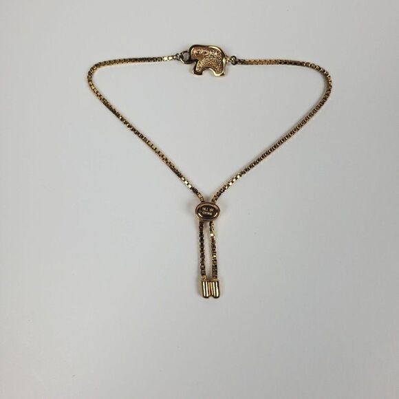 PAJ BR Genuine Diamond Chip Elephant Gold Tone Box Chain Adjustable Bracelet - Picture 8 of 13